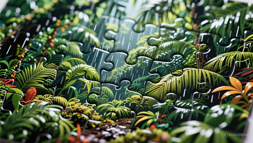 Close-up van een voltooide puzzelsectie met een tropisch regenwoud.