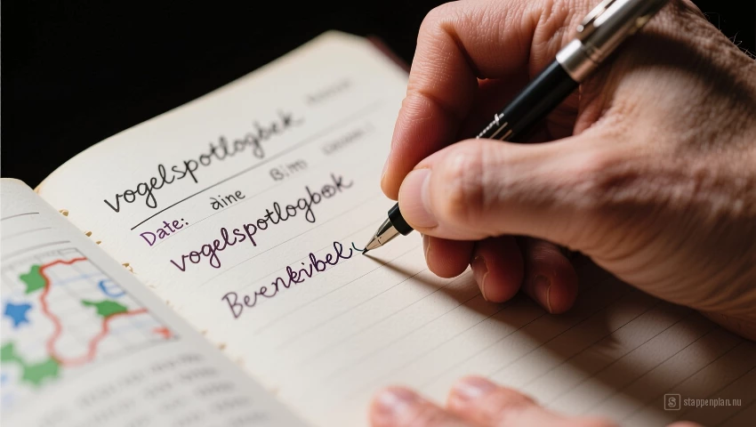 Hand schrijft gegevens in een vogelspotlogboek