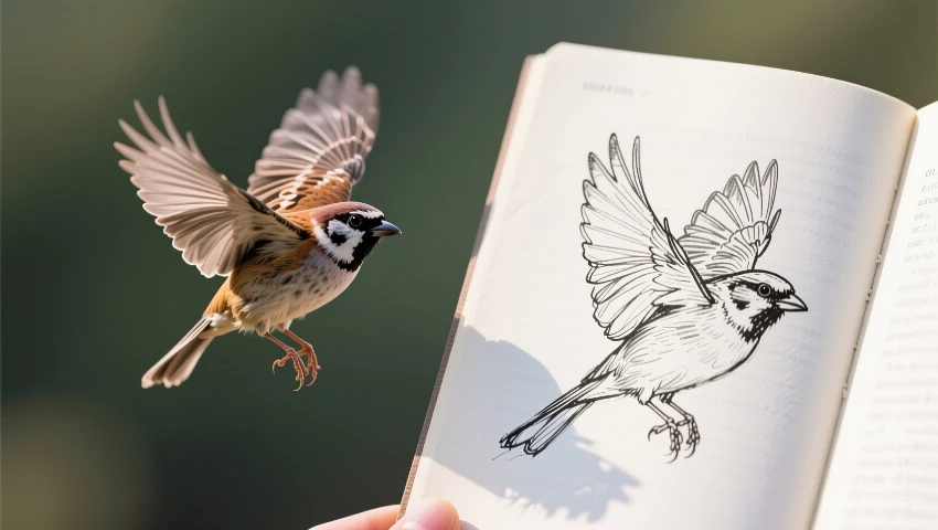 Foto van vogel in vlucht met schets van dezelfde vogel