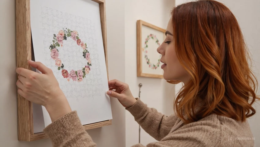 Vrouw bevestigt achterplaat aan puzzel.