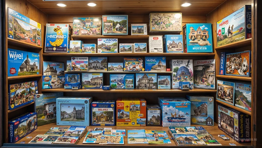 Vitrine met verschillende soorten puzzels, helder verlicht.
