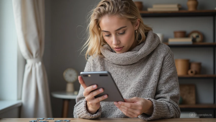 Europese vrouw leest beoordelingen op een smartphone.