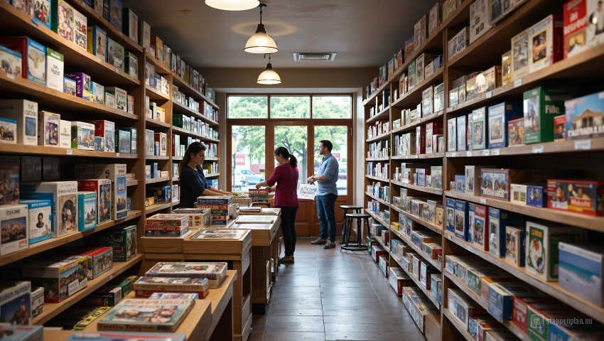 Interieur van een overzichtelijke puzzelwinkel.
