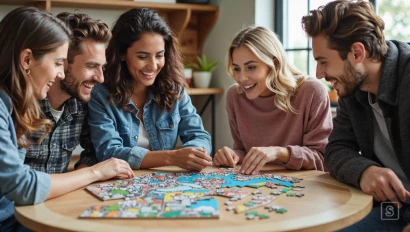 Groep vrienden bestudeert een half afgemaakte puzzel met een stadsgezicht.