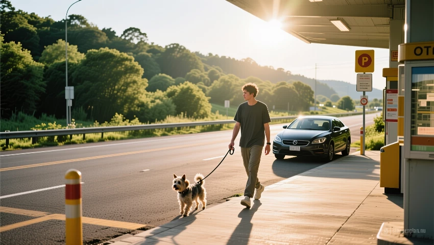 Pauzeplaats met hond aan de lijn.