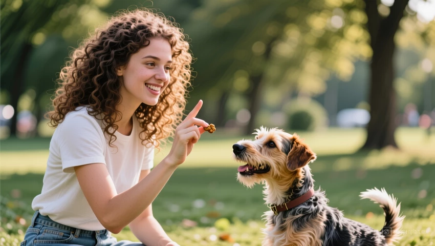 Jonge vrouw traint hond in park.