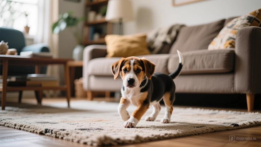 Puppy die cirkelt in een woonkamer.
