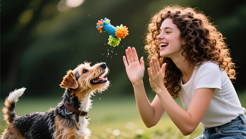 Vrouw speelt met hond en geeft beloning.