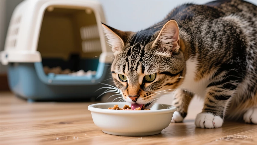 Kat eet uit schaal, kattenbak in de buurt.