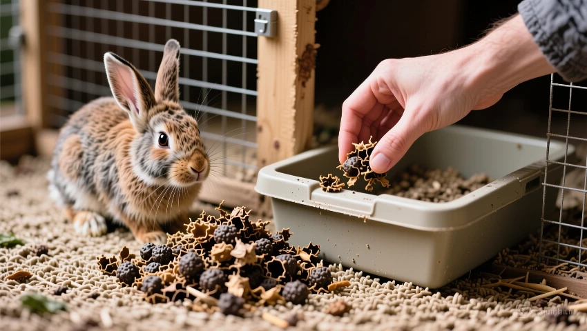 Hand schept ontlasting in strooiselbak.