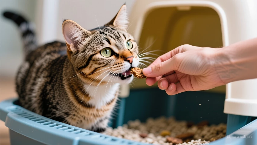 Kat accepteert beloning na gebruik kattenbak.