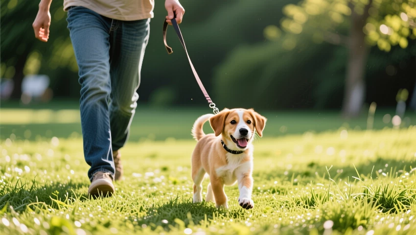 Persoon wandelt met een puppy buiten.