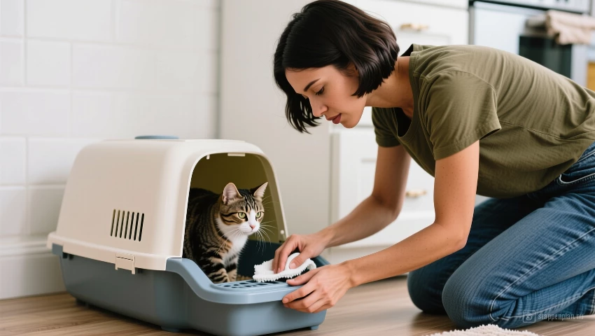 Vrouw reinigt kattenbak.