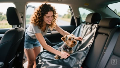 Jonge vrouw legt waterdichte hoes in auto.