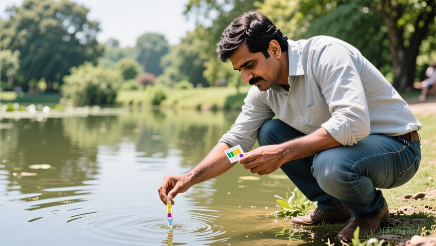 Man test de waterkwaliteit.