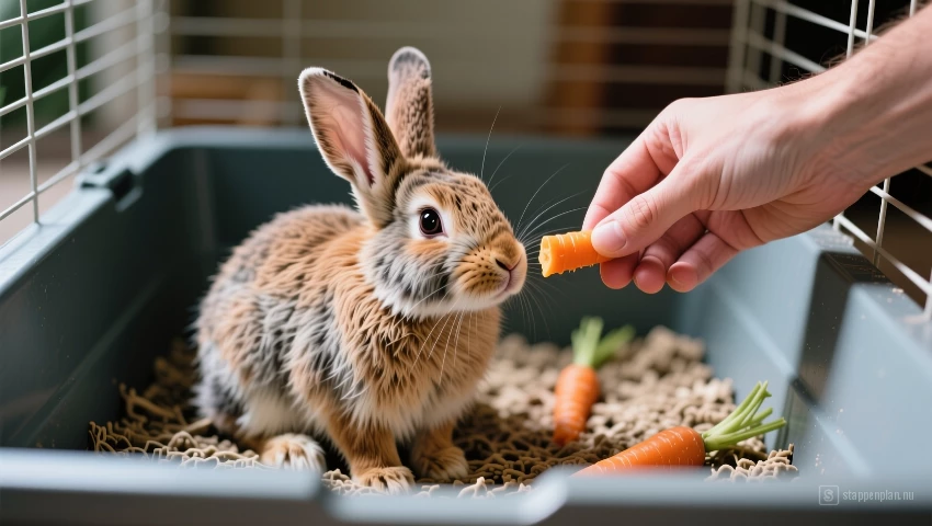 Hand geeft wortel aan konijn in strooiselbak.