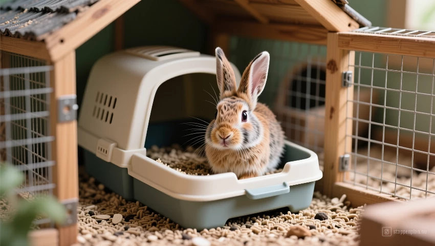 3D render van konijn dat bak gebruikt.