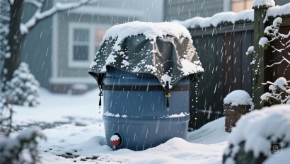 3D render van regenton met sneeuw.