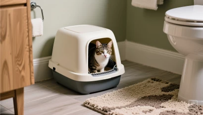 Kattenbak in rustige hoek van badkamer.