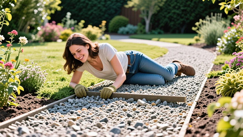 Vrouw legt nieuwe grind op tuinpad.