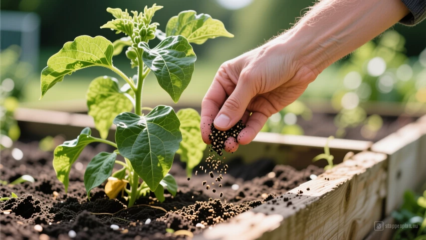 Hand strooit mest rond de plant.
