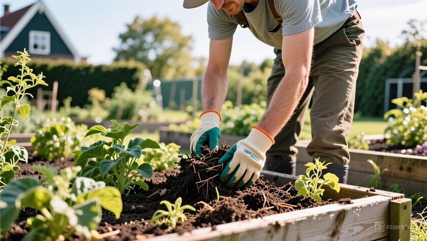 Tuinier brengt mulch aan.