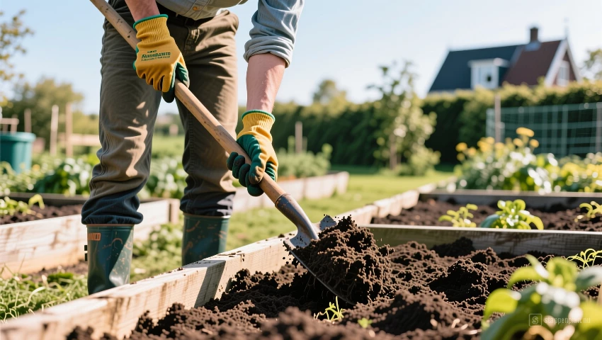 Tuinier keert de grond om.