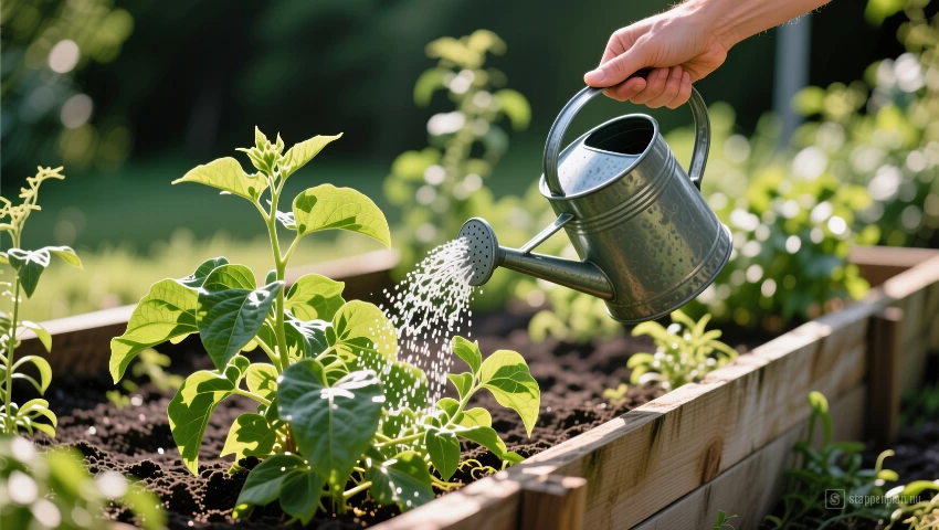 Hand giet water over planten.