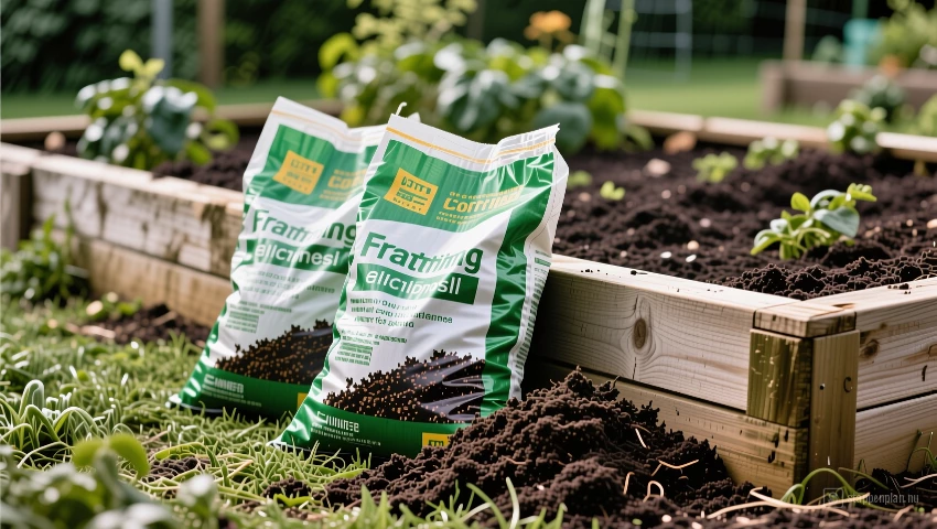 Zakken potgrond en compost naast de bak.