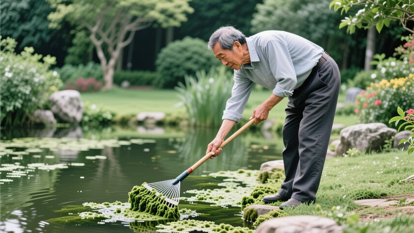 Man verwijdert algen met hark.