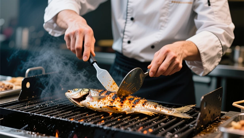 Chef draait gegrilde vis om.