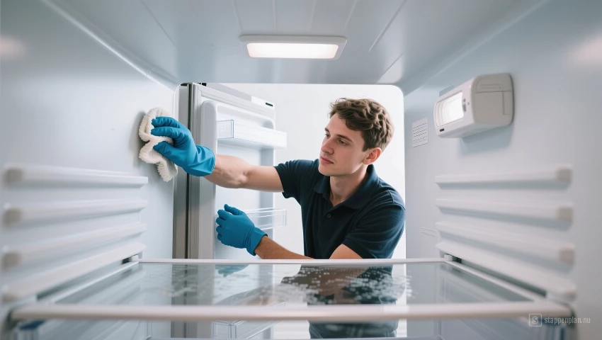 Persoon maakt de binnenkant van de vriezer schoon.