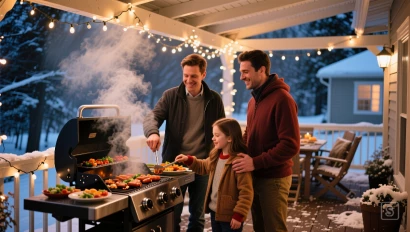 Familie geniet van BBQ op een overdekt terras.