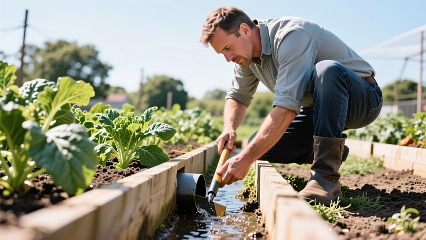 Man controleert de afwatering van een verhoogd moestuinbed.