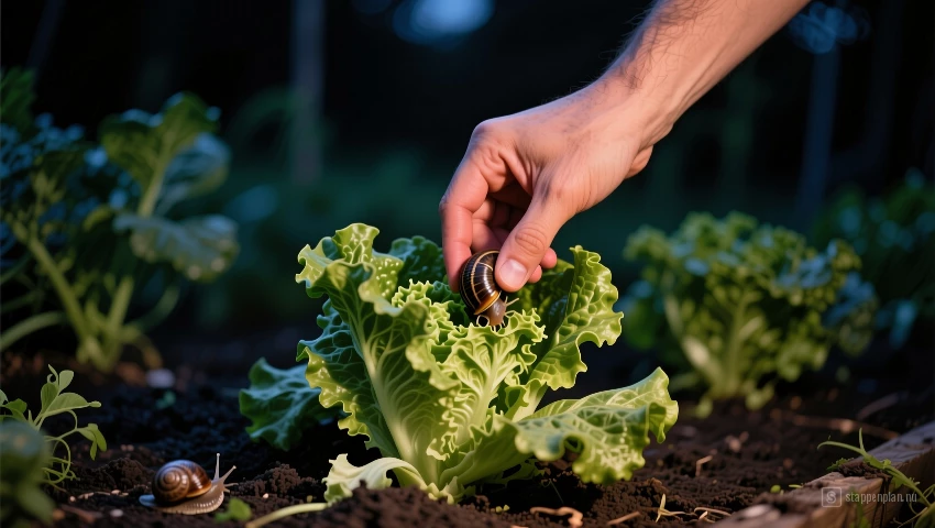 Hand verzamelt slakken van slaplanten in moestuin 's nachts.