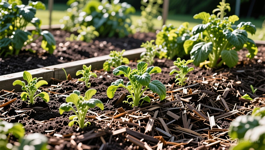 Moestuinbed met dikke laag mulch, gezonde planten.