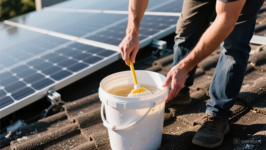 Persoon mengt reinigingsoplossing in emmer met warm water.