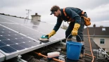 Persoon bereidt zich voor op het schoonmaken van zonnepanelen met veiligheidsmaterialen.