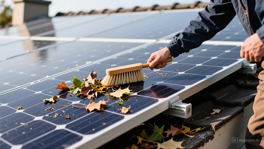Persoon veegt bladeren van zonnepaneel met zachte borstel.