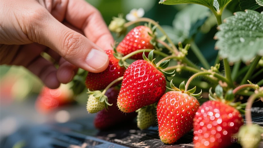 Rijpe aardbeien worden geplukt van de plant.