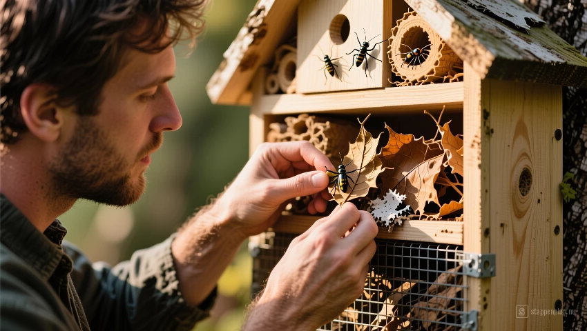 Persoon inspecteert insectenhotel.