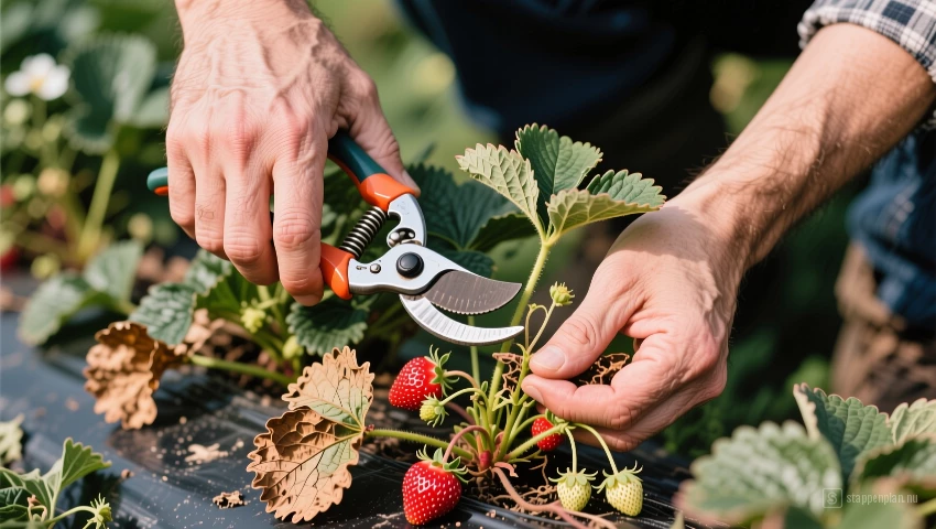 Persoon snoeit aardbeiplanten.