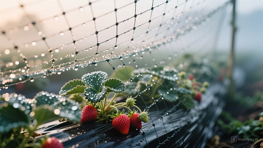 Sfeervolle foto van een beschermde aardbeienveld met dauw.