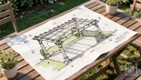 Gedetailleerde schets van een pergola op een tuintafel.