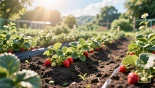 Digitale illustratie van een ideale aardbeien tuin.