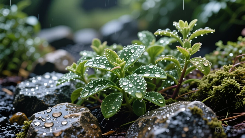 Close-up van waterdruppels op planten.