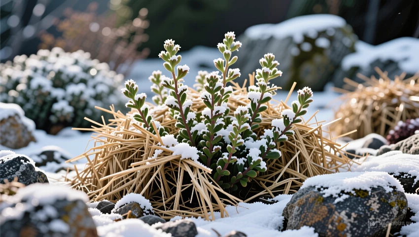 Close-up van planten bedekt met stro.