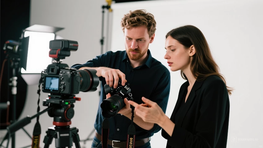 Twee fotografen bespreken instellingen