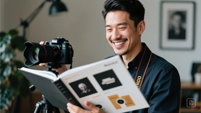 Fotograaf glimlacht bij portfolio.
