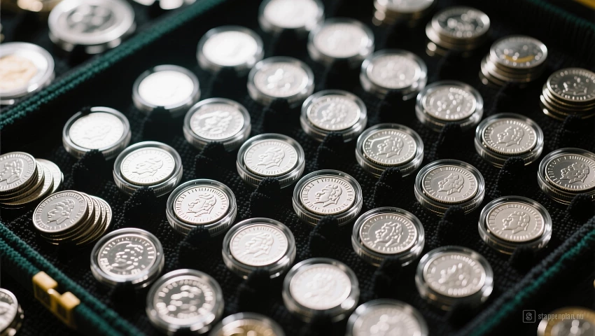 Luchtbeeld van munten in een houder.